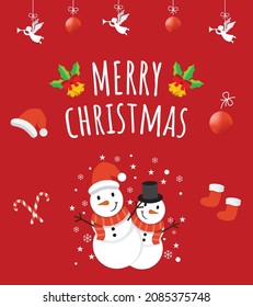 Cute Greeting Merry Christmas Card with two cute snowman brothers and christmas attribute in Red Background.