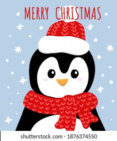 Cute greeting postcard with penguin in knitted red scarf and cap in cartoon style. With Merry Christmas text. On blue background with snowflakes. Vector illustration