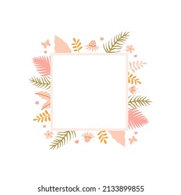 Marco cuadrado tropical cálido con hojas abstractas dibujadas a mano y flores sobre fondo blanco. Ilustración vectorial en estilo doodle
