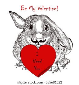 Cute greeting Valentine's Day card with rabbit holding red heart. I need you