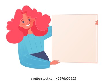 Cute Greetingly smiling girl with bright appearance holding a blank banner. Concept of presentations, advertisements, place for text. Vector character in cartoon style with template