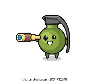 cute grenade character is holding an old telescope , cute style design for t shirt, sticker, logo element