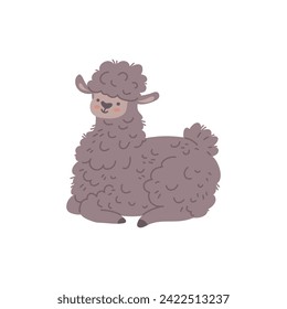 Cute grey alpaca, vector illustration isolated on white background. Drawn in simple cartoon style. Kind adorable animal for children design. Funny and happy cheerful lama. Colorful picture