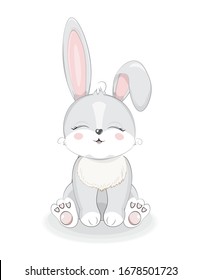 Cute grey baby rabbit, honey bunny sitting with closed eyes. Picture in hand drawing cartoon style, for t-shirt wear fashion print design, greeting card, postcard. baby shower. party invitation.