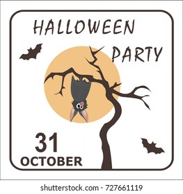 Cute grey bat hanging on a dry tree on background of full moon. 