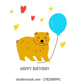 Oso gris agudo con globo. Feliz cumpleaños. Ilustración para tarjeta de felicitación, camiseta textil, impresa,