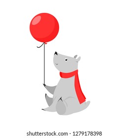 Cute grey bear holding air balloon. Cartoon character, animal, red scarf. Holiday concept. Can be used for topics like celebration, birthday, party