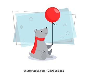 Cute grey bear holding air balloon. Cartoon character, animal, red scarf. Holiday concept. Can be used for topics like celebration, birthday, party