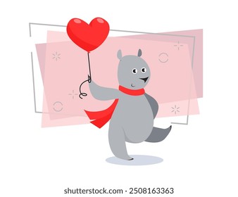 Oso gris lindo en bufanda roja que lleva el globo de aire en forma de corazón. Personaje de dibujos animados, animal, vacaciones. Concepto del día de San Valentín. Puede ser utilizado para temas como citas, amor, romance