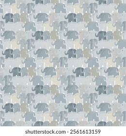 Cute grey and blue elephants on grey background. Vector pattern with elephants.