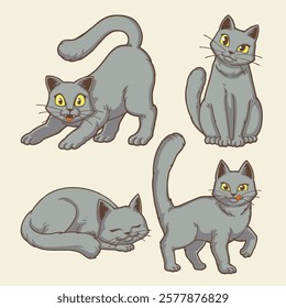 cute grey british shorthair cats cartoon character illustration for tshirt design, logo, or stickers