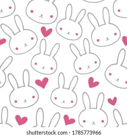 Cute grey bunnies and line art rabbits with red hearts seamless pattern on white background. Great for kids fabric, textile, nursery decoration, card, scrapbooking. Surface pattern design.