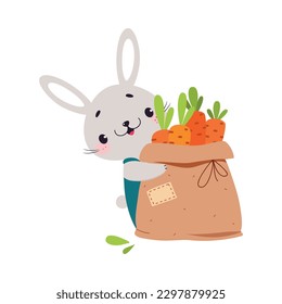 Cute Grey Bunny Character Carrying Sack with Ripe Carrot Crop Vector Illustration