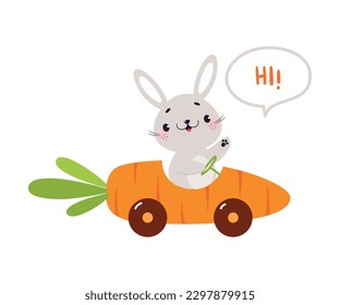 Cute Grey Bunny Character Driving Carrot Car and Greeting Saying Hi Vector Illustration