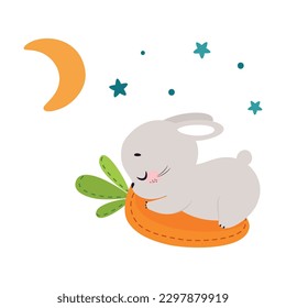 Cute Grey Bunny Character Sleeping on Carrot Pillow Vector Illustration