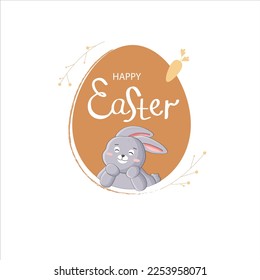 Cute grey bunny in Easter egg with handrawn lettering. Vector illustration for holiday greeting card, poster, print.