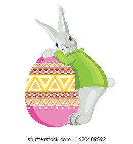 Cute grey bunny hugs rose easter painted egg. Vector illustration isolated on white background