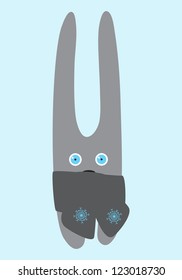 Cute grey bunny with long ears in light-grey scarf decorated with blue snowflakes on light-blue background