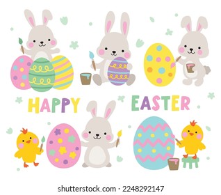 Cute grey bunny rabbits and baby chickens painting Easter eggs vector illustration.