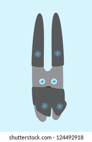 Cute grey bunny with two hats on long ears and light-grey scarf decorated with blue snowflakes on light-blue background