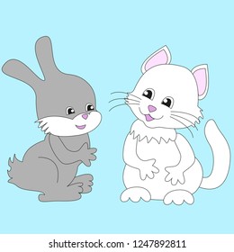 Cute grey Bunny and cute white kitten isolated by blue background.
