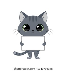 Cute grey cartoon kitten with an empty sign for your text