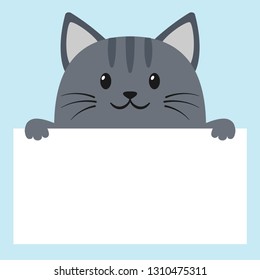 Cute grey cartoon kitten holding an empty sign with place for your text