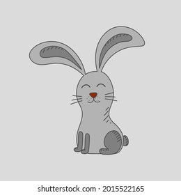 Cute grey cartoon rabbit with red nose. Isolated vector illustation of sitting bunny.