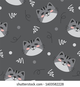 Cute grey cat animal pattern with dot and line Vector on dark background, good for fabric, print and other uses.