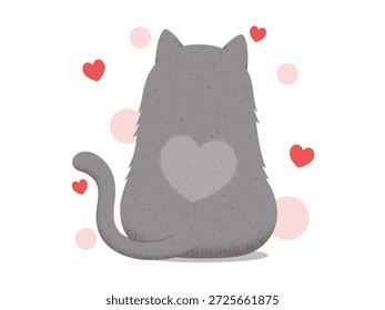 Ilustração de vista traseira de gato cinza bonito com padrão de pele de coração e corações vermelhos para cartão de saudação do dia dos namorados	
