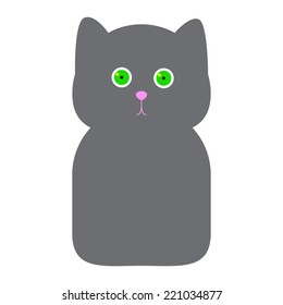 Cute grey cat with big round green eyes and rosy nose on round head with small ears and oval body isolated on white background. Logo template, design element for card, invitation, label in flat style