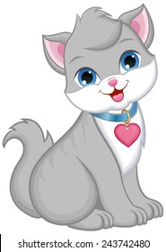 Cute grey cat, with blue eyes,  wearing a heart necklace.