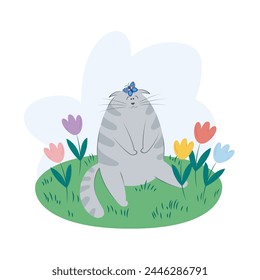 Cute grey cat with a butterfly on its nose sits on grass. Cat behavior, body language and face expressions. Flat vector illustration of a funny pet