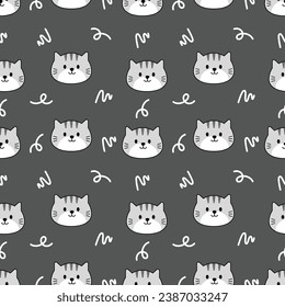 Cute grey cat cartoon seamless pattern background with grey background