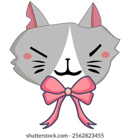 Cute grey cat Character with Pink Bow Illustration