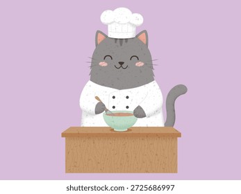 Gato Gris lindo Chef Personaje Batiendo Batido en Tazón de Cocina - Kawaii Felino Vector Educativo	