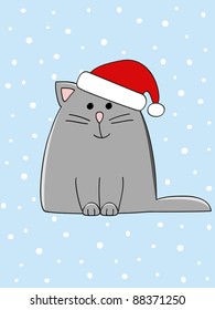 a cute grey cat with a Christmas hat on his head