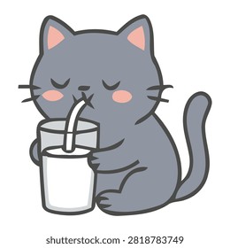 Cute grey cat drinking milk from glass vector illustration on white background