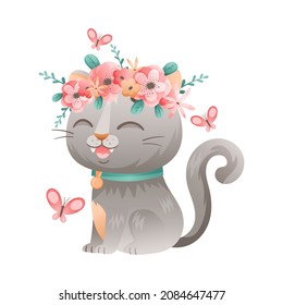 Cute Grey Cat with Flower Wreath on Its Head Sitting with Flying Butterfly Vector Illustration
