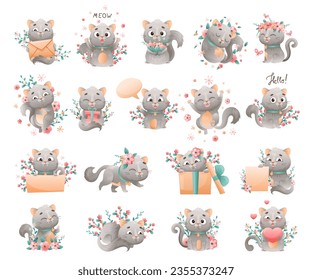 Cute Grey Cat with Flowers Big Vector Set