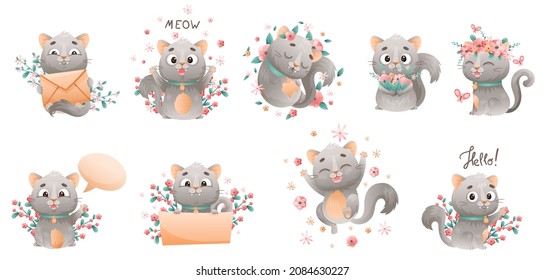 Cute Grey Cat with Flowers Cuddling and Saying Meow Vector Set