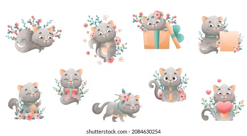 Cute Grey Cat with Flowers Holding Red Heart and Gift Box Vector Set