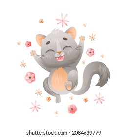 Cute Grey Cat with Flowers Jumping with Joy and Happiness Vector Illustration