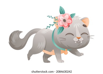 Cute Grey Cat With Flowers On Its Head And Neck Collar Walking Vector Illustration