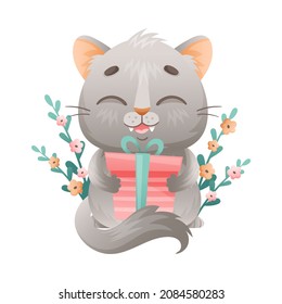 Cute Grey Cat with Flowers Sitting and Holding Gift Box with Its Paw Vector Illustration