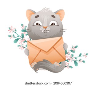 Cute Grey Cat with Flowers Sitting and Holding Envelope with Its Paw Vector Illustration