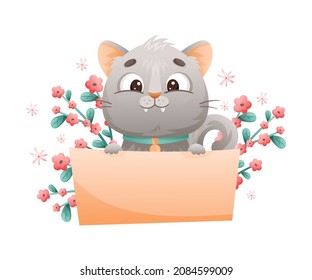 Cute Grey Cat with Flowers Sitting with Empty Banner Vector Illustration