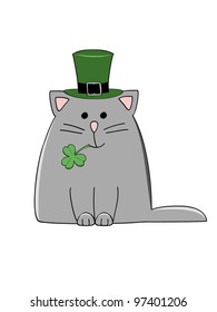 a cute grey cat with a green Irish hat and shamrock