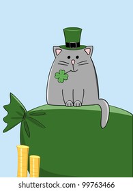 a cute grey cat in green Irish hat sitting on the sack of gold