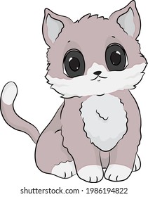 Cute grey cat hand drawn illustration, vector file, cartoon, isolated background in white, white background, art